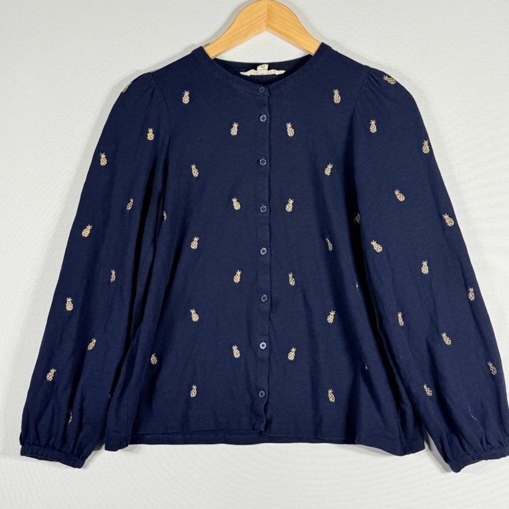 Boden Shirt Women US 10 Navy Blue Gold Pineapple Embroidered Tropical Whimsical‎